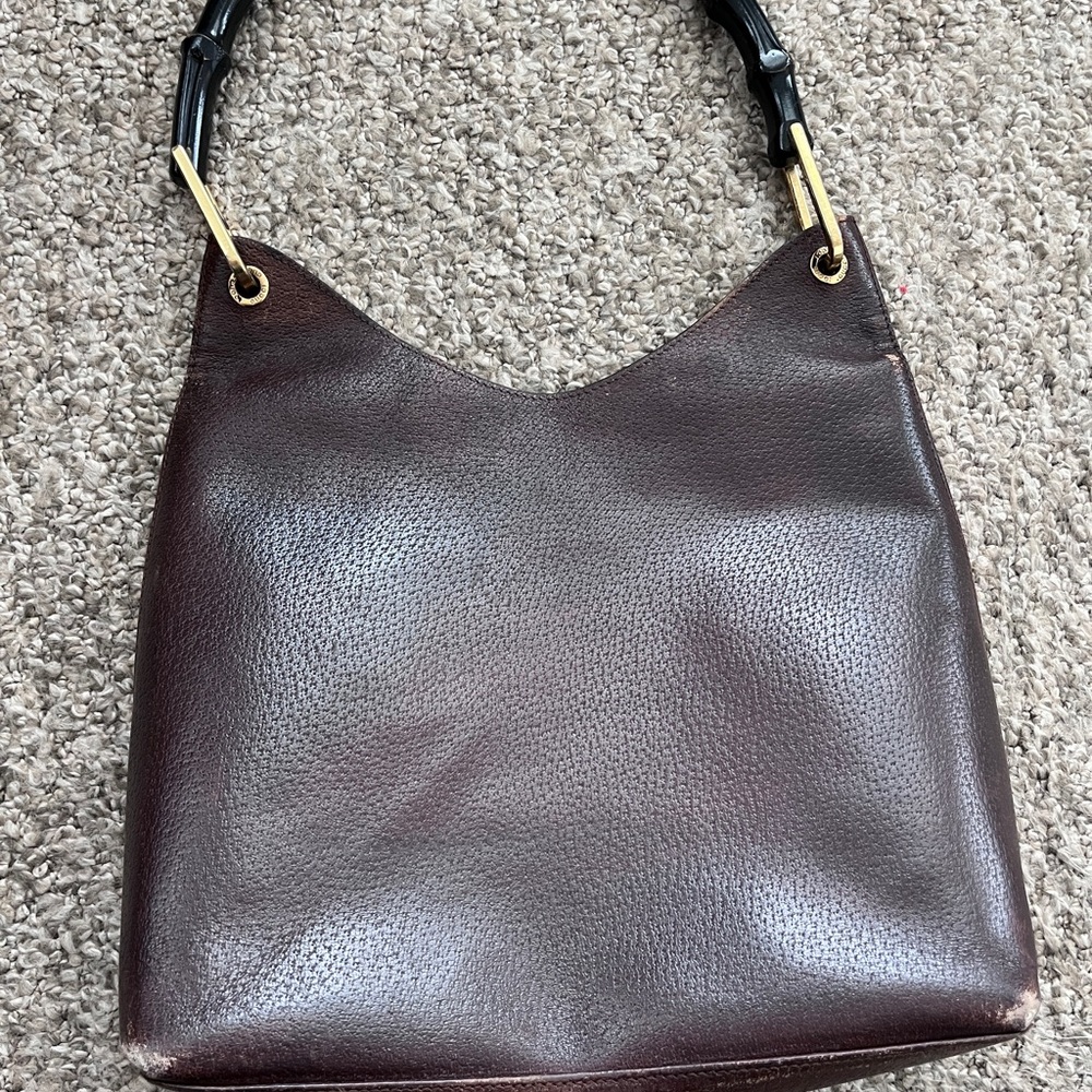 Vintage rustic Gucci leather bag with brown pouch and black bamboo handle gold - Picture 7 of 12